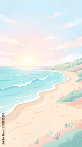 Flat vector illustration of coastal waves at soft morning light