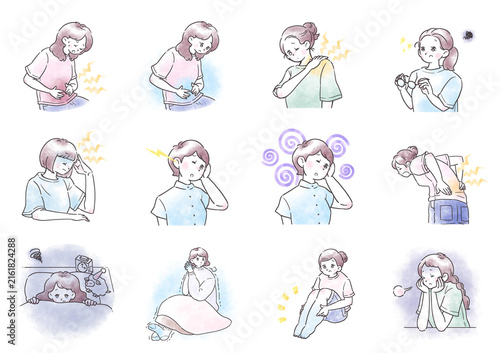 女性の体調不良のイラストセット