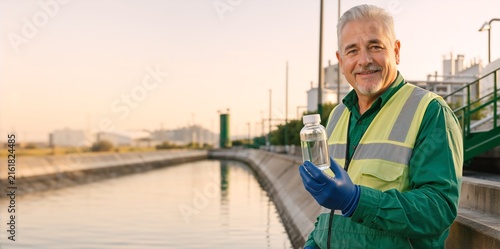 Water quality inspector holding a sample bottle at a treatment facility. Mature male environmental engineer in safety vest by a canal