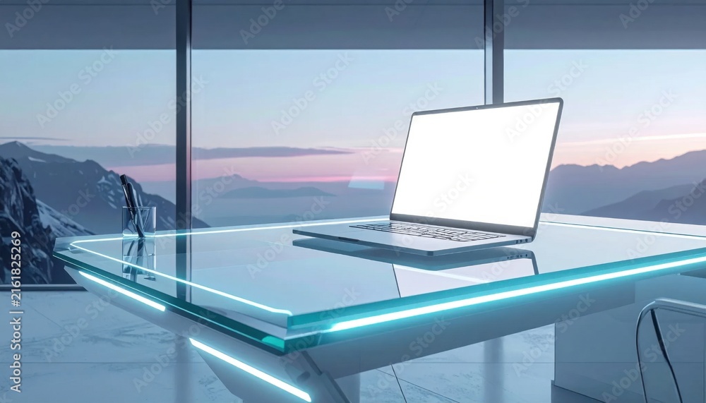 Fototapeta premium Laptop with empty screen on futuristic glass desk in office with mountain view, digital technology business setup