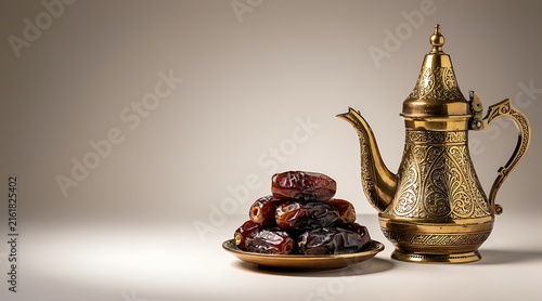 Traditional Arabic Dallah Coffee Pot and Sweet Dried Dates on Plate for Ramadan Iftar Celebration