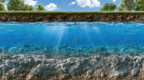 Underwater view of riverbed, showing layers of soil, rocks, water, and vegetation