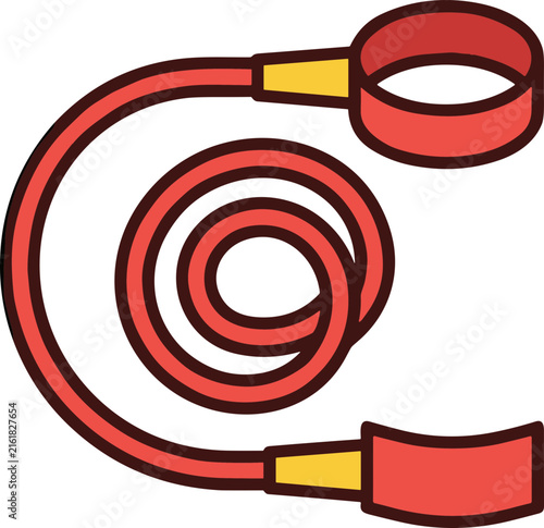 Red jump rope coiled with yellow handles, isolated on white background