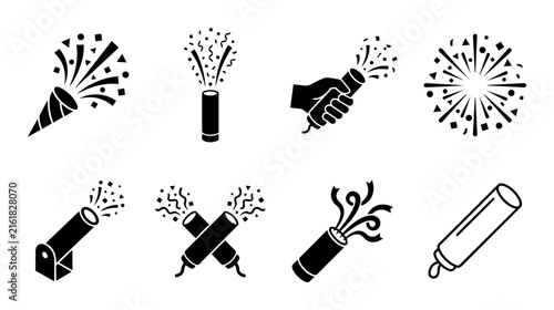 Black and white party popper and confetti cannon icons set for celebration and holiday events.