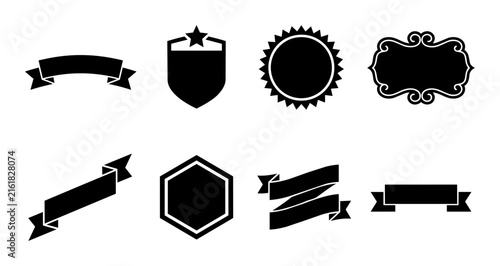 Black vintage ribbon and badge silhouette vector set including shields banners and labels.