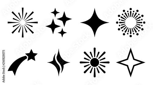 Black star and sparkle vector icons set with fireworks and shooting star designs.