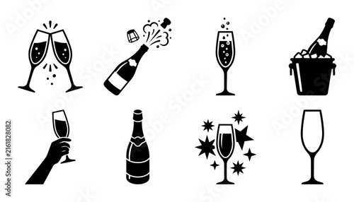 Champagne and celebration icon set featuring sparkling wine bottles flutes and glasses in black silhouette style.