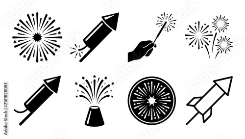Fireworks and Pyrotechnic Rocket Icons Set for Celebration and Holiday Design.