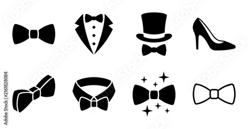 Formal wear and gentleman accessories black silhouette icons set featuring bowtie suit hat and high heels.