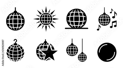 Disco Ball Icon Set in Linocut Stamp Vector Style for Party and Music Events.