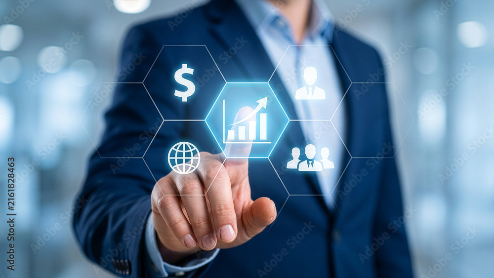 Obraz premium Businessman touching digital screen with financial growth chart and business icons