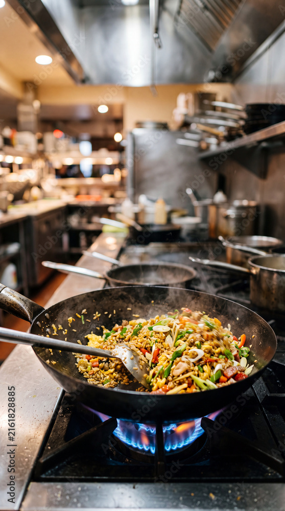 Obraz premium Peruvian Chaufa Rice cooking in wok at modern restaurant kitchen