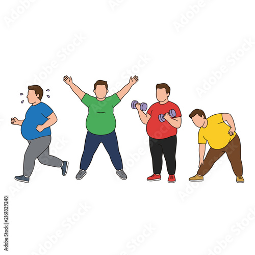 Set of overweight men exercising, running, stretching, and lifting weights, illustrating health and fitness challenges, body positivity, and