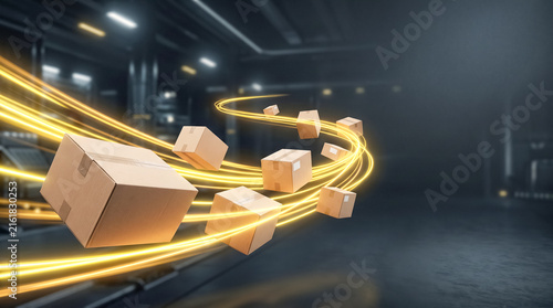 Express Shipping: Cardboard boxes in motion, represented by glowing yellow light trails, conveying a sense of speed and efficiency in logistics and delivery.