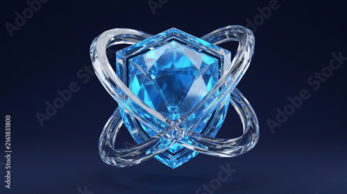 Abstract crystalline shield glowing blue with interlocking refraction rings for cybersecurity encryption data protection technology infrastructure navy backdrop