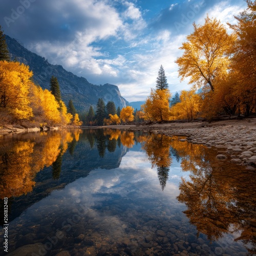 A serene landscape featuring a calm river reflecting golden autumn trees and rugged mountain peaks under a dramatic blue sky with clouds.