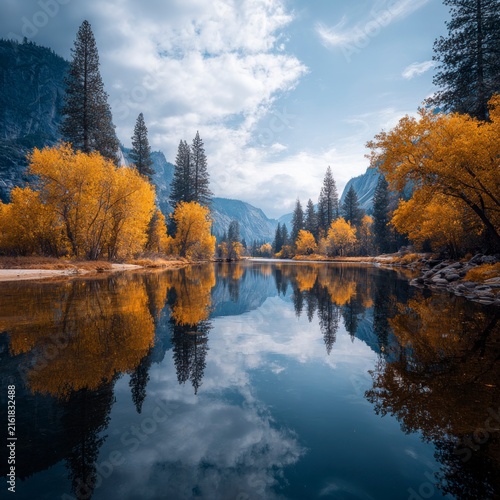 A serene river flowing through a deep valley surrounded by autumn forest with vibrant yellow and orange trees under a cloudy sky, featuring perfect water reflections of the landscape.