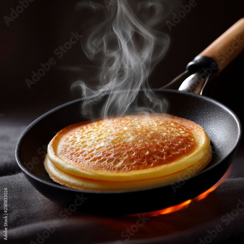 A stack of freshly cooked, golden-brown pancakes steaming in a non-stick frying pan over a stovetop, highlighted by warm ambient lighting.