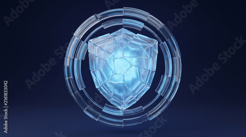 Crystalline glass protective shield icon glowing with blue light surrounded by geometric refraction rings for cybersecurity data privacy safety concept on dark navy background