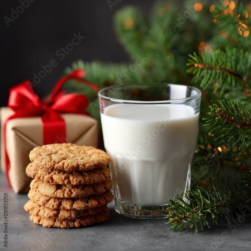 A stack of oatmeal cookies next to a glass of milk with a wrapped gift box and pine branches in the background, set against a dark festive backdrop with warm fairy lights.