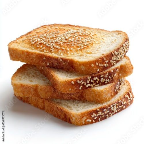 A stack of three toasted bread slices topped with sesame seeds isolated on a white background.
