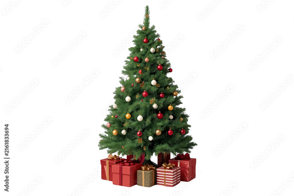 Naklejka premium Decorated Christmas Tree with Red Gift Boxes