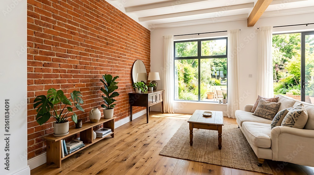 Fototapeta premium Modern Bright Living Room Interior with Exposed Red Brick Wall, Wooden Floor and Garden View
