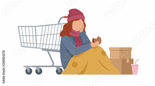 Photography Homeless woman sitting on ground with shopping cart, eating food