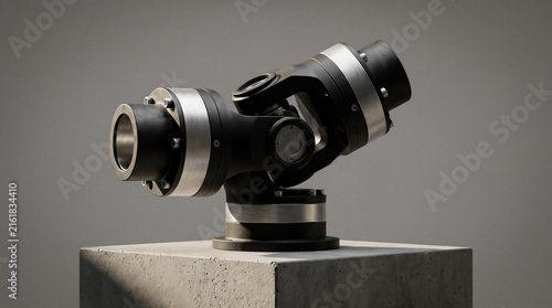 Matte black precision industrial gear joint displaying brushed aluminum accents mounted on concrete pedestal, studio key lighting highlights mechanical engineering design for hardware concept