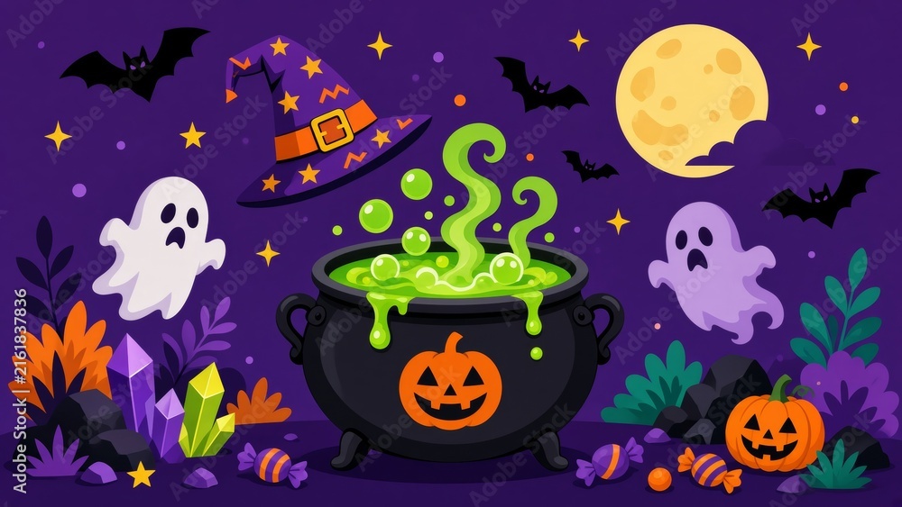 Fototapeta premium Halloween celebration with a black cauldron boiling a green potion, floating witch hat, cute ghosts, and jack o lanterns