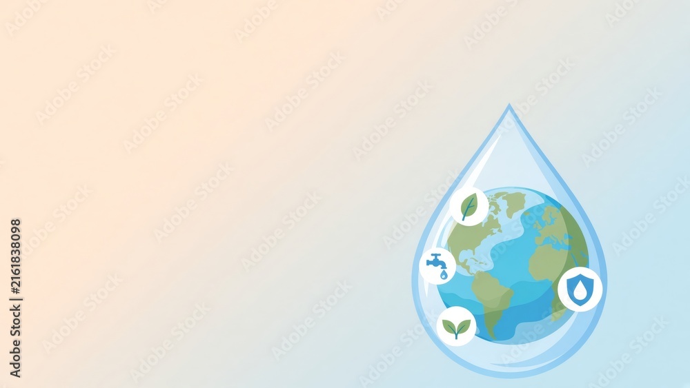 Obraz premium Earth inside a water drop, surrounded by conservation icons, symbolizing global sustainability and ecology