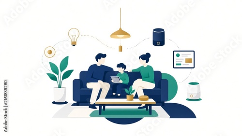 Family enjoying smart home technology, connecting with automated devices for modern lifestyle and comfort