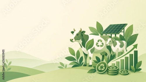 Sustainable agriculture economy, eco friendly farming with livestock, solar power, and increasing green finance