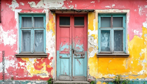 Vibrant, Weathered Facade with Peeling Paint: Pink, Yellow, and Turquoise Door and Windows
