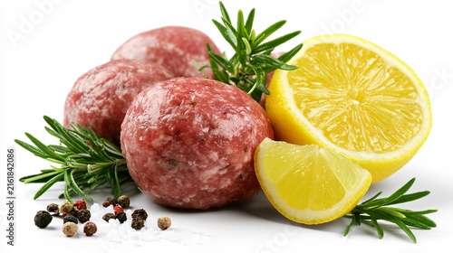 Delicious Raw Meatballs with Lemon, Rosemary, Salt, and Pepper Isolated on White Background