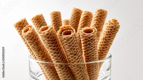 Rolled Wafer Sticks in Clear Glass Container Isolated on White Background