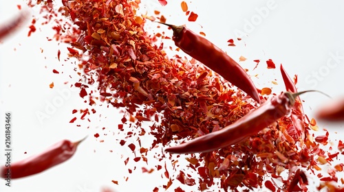 Vibrant Red Chili Pepper Flakes in Mid-Air on White Background