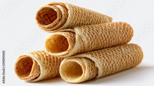 Stacked Waffle Cones and Rolled Wafer Tubes Isolated on White Background
