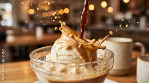 Ice cream served with coffee poured on top in a cafe during busy hours