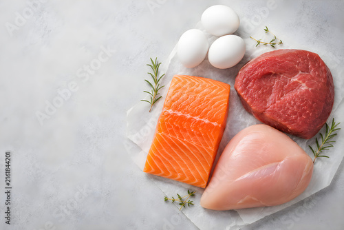 High protein food sources with raw salmon fillet, chicken breast, beef steak and eggs, healthy diet concept