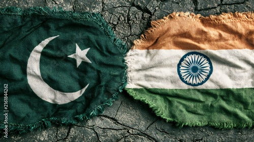 Torn Pakistan and India Flags Facing Each Other on Cracked Textured Surface