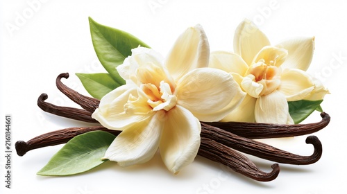 Vanilla Flower Sticks and Leaves on White Background - Soft Colored Image