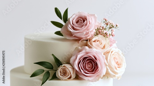 Elegant White Wedding Cake with Roses on Soft Colour Background
