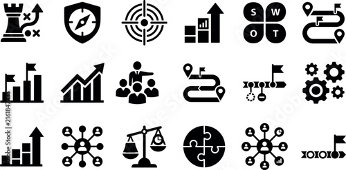 Business strategy and corporate planning icon set with financial growth analysis symbols vector packBusiness strategy and corporate planning icon set with financial growth analysis symbols vector pack