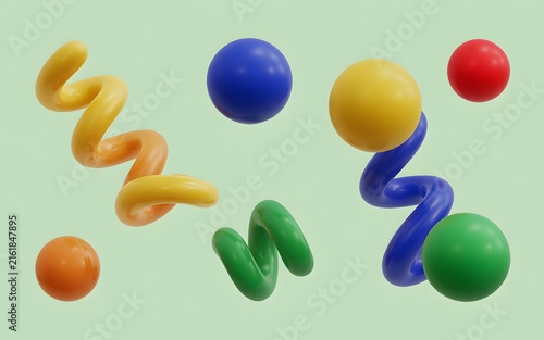 Minimalist 3D abstract illustration with colorful floating spheres and spirals