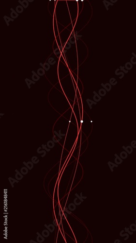 Abstract red neon lines moving vertically with glowing white particles on black backdrop.