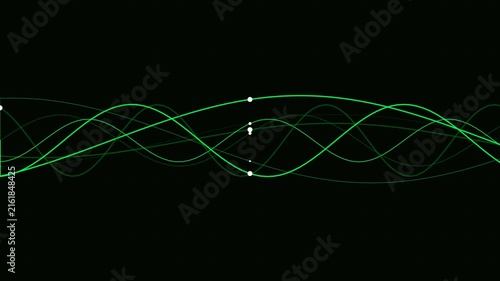 Green digital sound waves with glowing white nodes flowing on dark background motion clip.