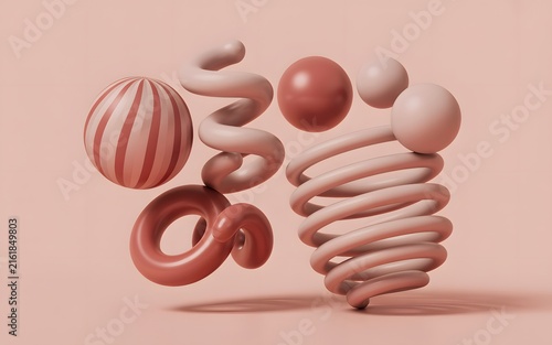 Abstract 3D shapes and spheres floating on monochrome background with abstract