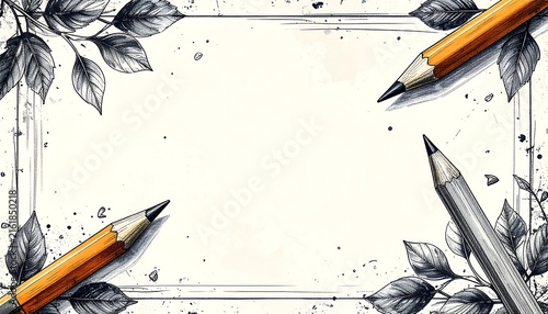 A hand-drawn pencil sketch frame on a textured off-white background with pencils.