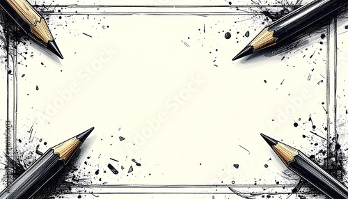 Sharp pencil tips pointing inwards with graphite shavings on a white paper background.